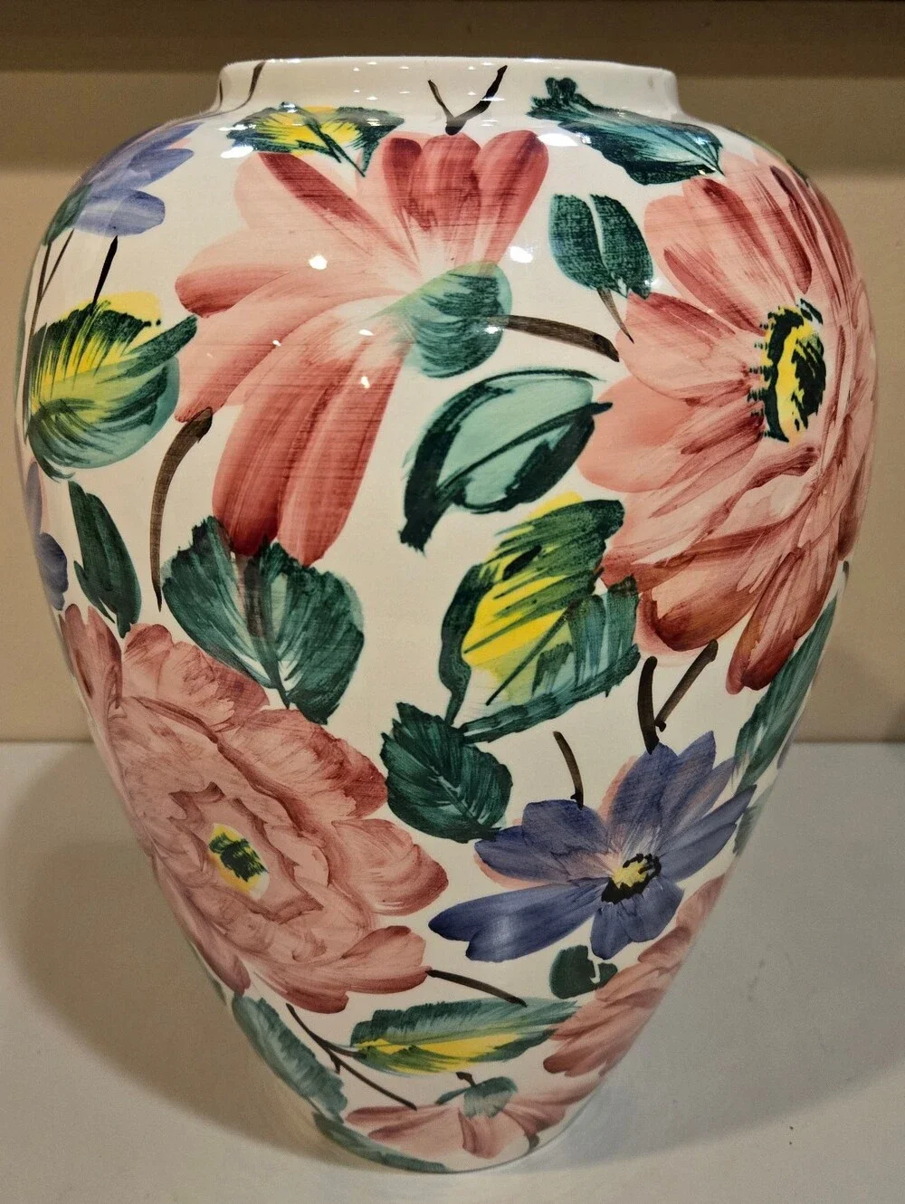 Hand-Painted Italian Floral Ceramic Vase in White, Pink, Blue & Green